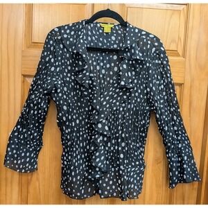 Essentialiegh Women's XL Top Semi Sheer Button-Down Front Black White Polka Dot